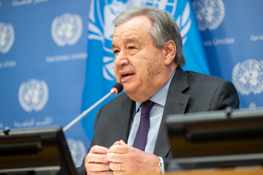 Sekjen PBB Antonio Guterres sedang menyampaikan pidato